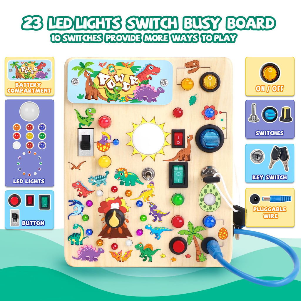 Iabedi Dinosaur Busy Board, Wooden Toddler Toy, Sensory Travel Toy, Ideal Gift for 1-3 Years Old Boys (Dinosaur Busy Board Plus V2), Blue