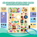 Iabedi Dinosaur Busy Board, Wooden Toddler Toy, Sensory Travel Toy, Ideal Gift for 1-3 Years Old Boys (Dinosaur Busy Board Plus V2), Blue