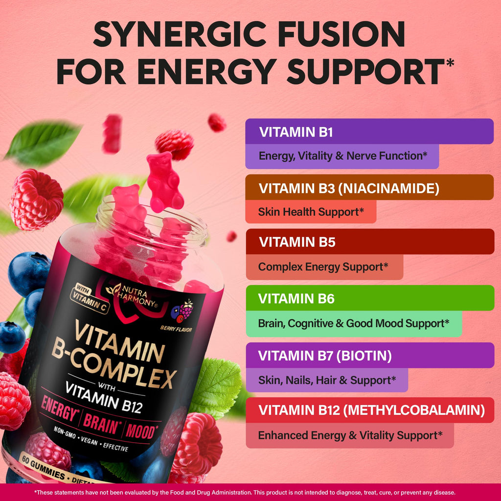 Vitamin B-Complex Gummies for Women & Men - Vitamin B12, B1, B2, B3, B5, B6, B7 & B9 - B Complex with Vitamin C & Choline - Energy, Brain & Mood - Natural Berry Flavor, Vegan - 60 Gummies for 2 Months