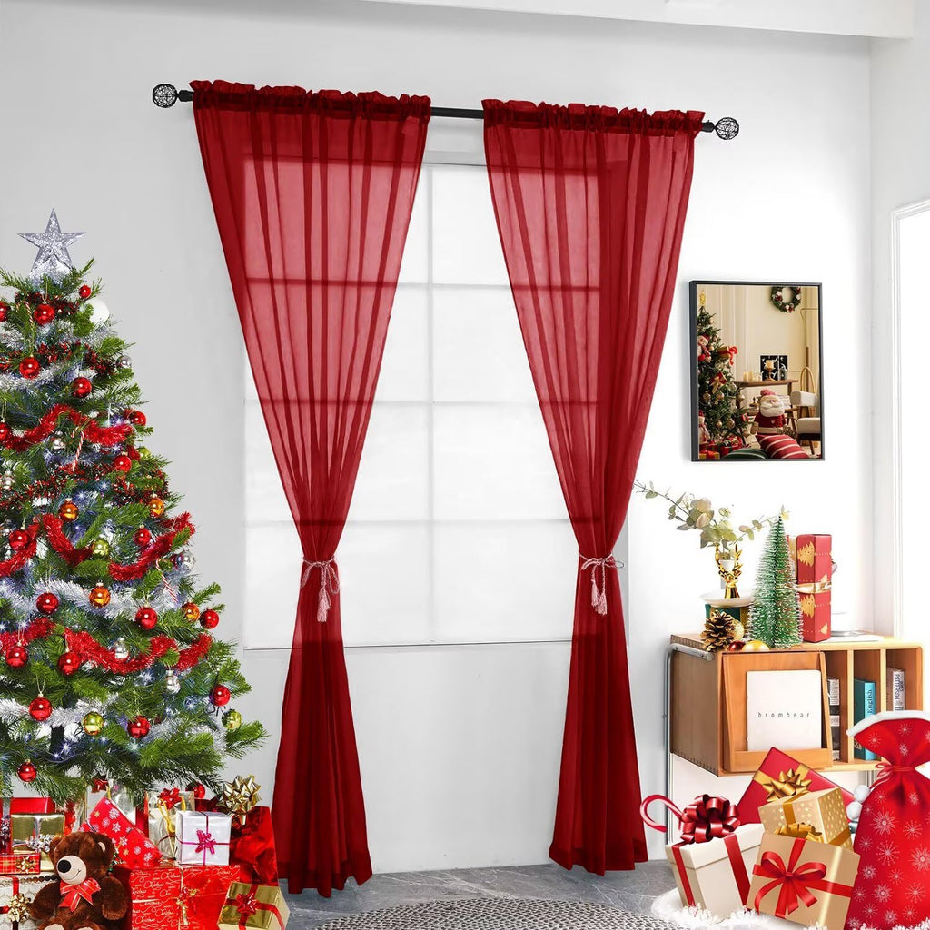youleyar Solid Sheer Rod Pocket Curtain Voile Draperies 4 Panels White Beige Black Grey Ivory 52 Inch Width 96 Inch Long 1 Pair for Kitchen Bedroom Children Living Room Yard(Christmas Red,52 W���96 L)