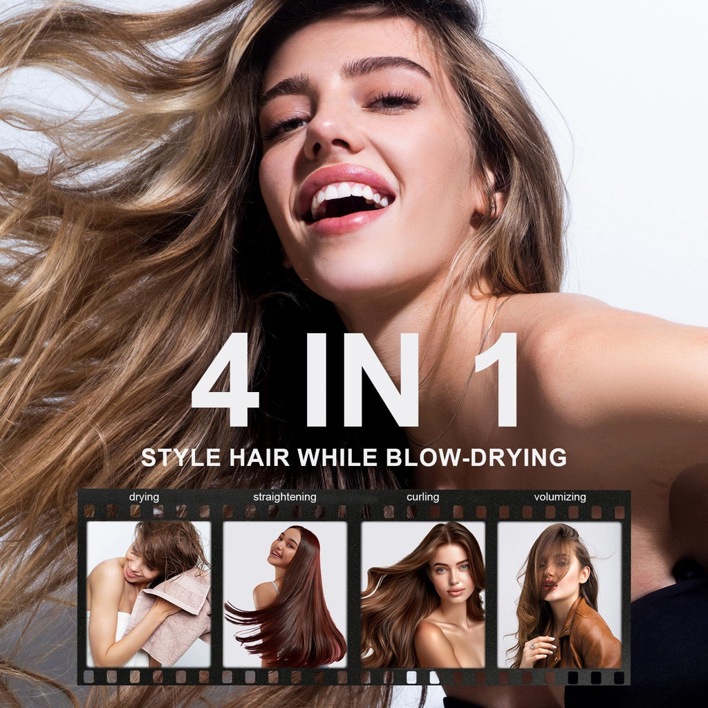 4-in-1 Travel Dual Voltage Hair Dryer Brush Blow Dryer Brush,Portable 2 inch Mini Hot Air Brush,Travel Hair Styler/Volumizer/Straightener/Curler,110-240V European Blow Dry Brush with EU&UK Plug