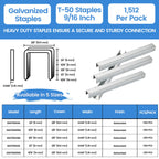 meite Staple Gun Staples, 9/16 Inch Length Heavy Duty T50 Staples, Galvanized, 20 Gauge 3/8 Inch Crown, Compatible with T50 Staple Gun, Ideal for Upholstery, Construction, Furniture (1,512 Counts)