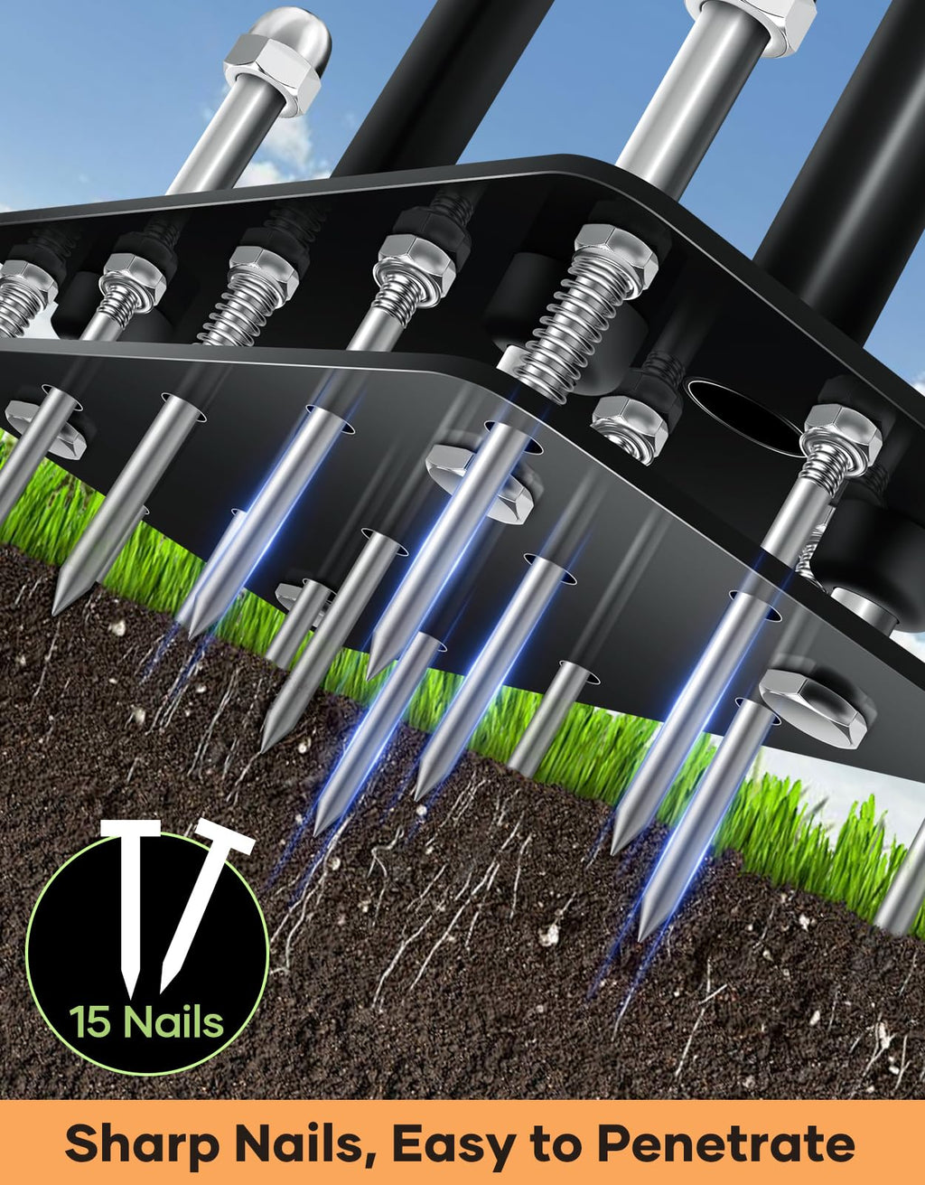 Sakerplus Aerator Lawn Tool, Hand Metal Spike Lawn Aerator with Rebounce Spring Base, Automatic Leaf and Dirt Cleaning, Grass Aerator for Lawn Care, Soil Loosening, Yard Aerating (Orange Handle)