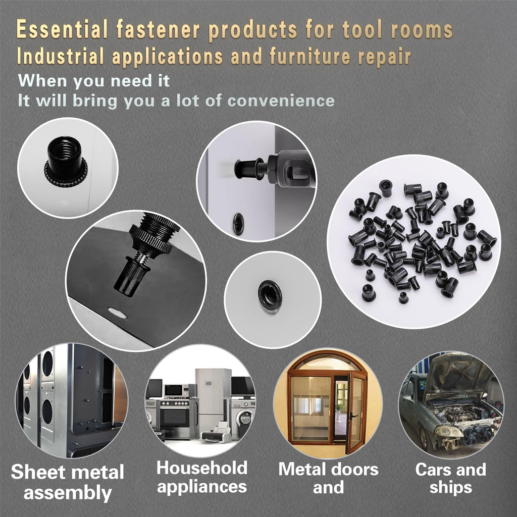SAE Rivet Nut Tool 420pcs Imperial Carbon Steel Rivet Nut Tool Kit, （5/16-18、1/4-20、10-24、8-32、6-32）, Suitable for Furnitur, Automotive, Marine and Industrial Applications (SAE Carbon Steel Black)