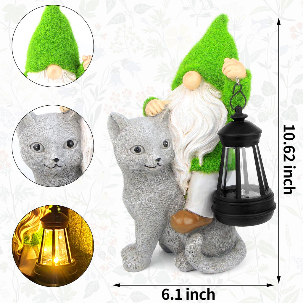 Garden Cat Gnome Decorations for Yard with Solar Lights,Resin Flocked Gnome