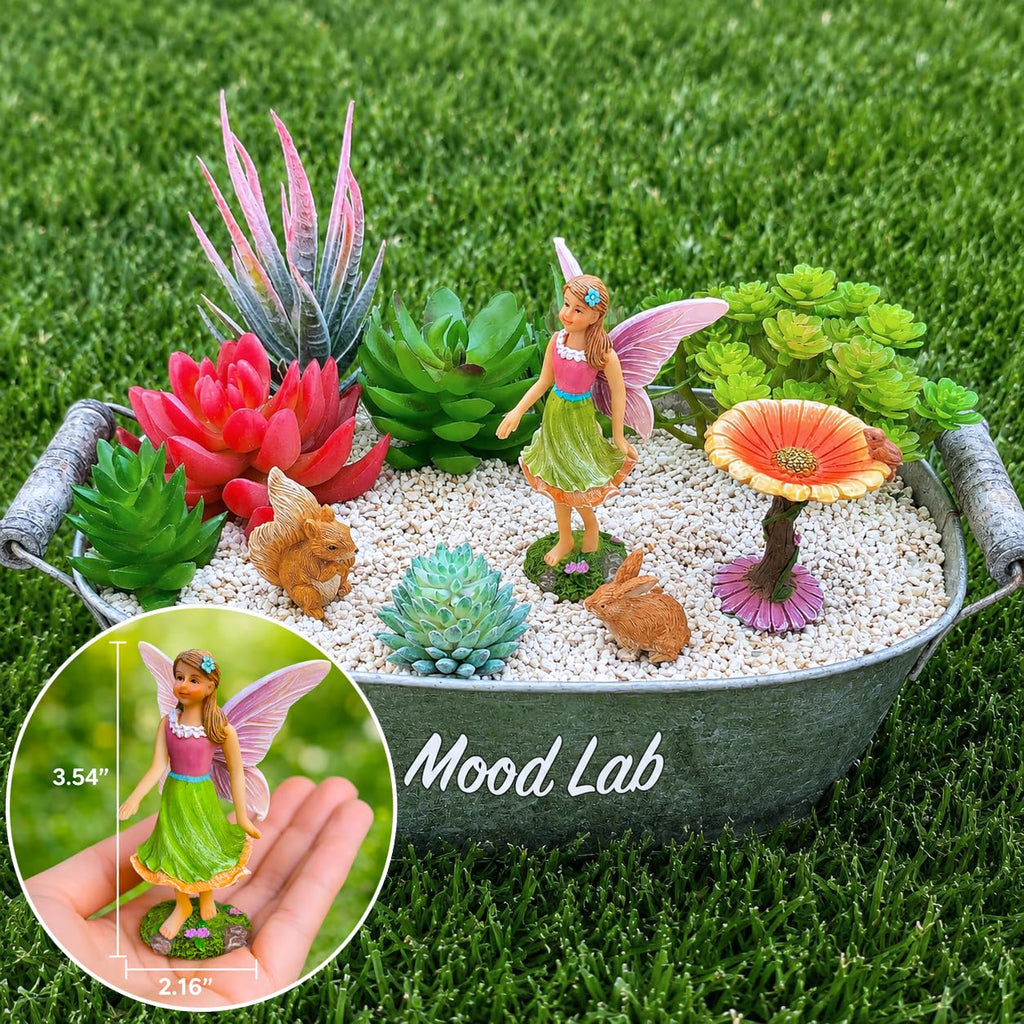 Mood Lab Fairy Garden Figurines with Flower - Miniature Decor Set (4 pcs) - Statues & Accessories - Outdoor Indoor Garden Decor