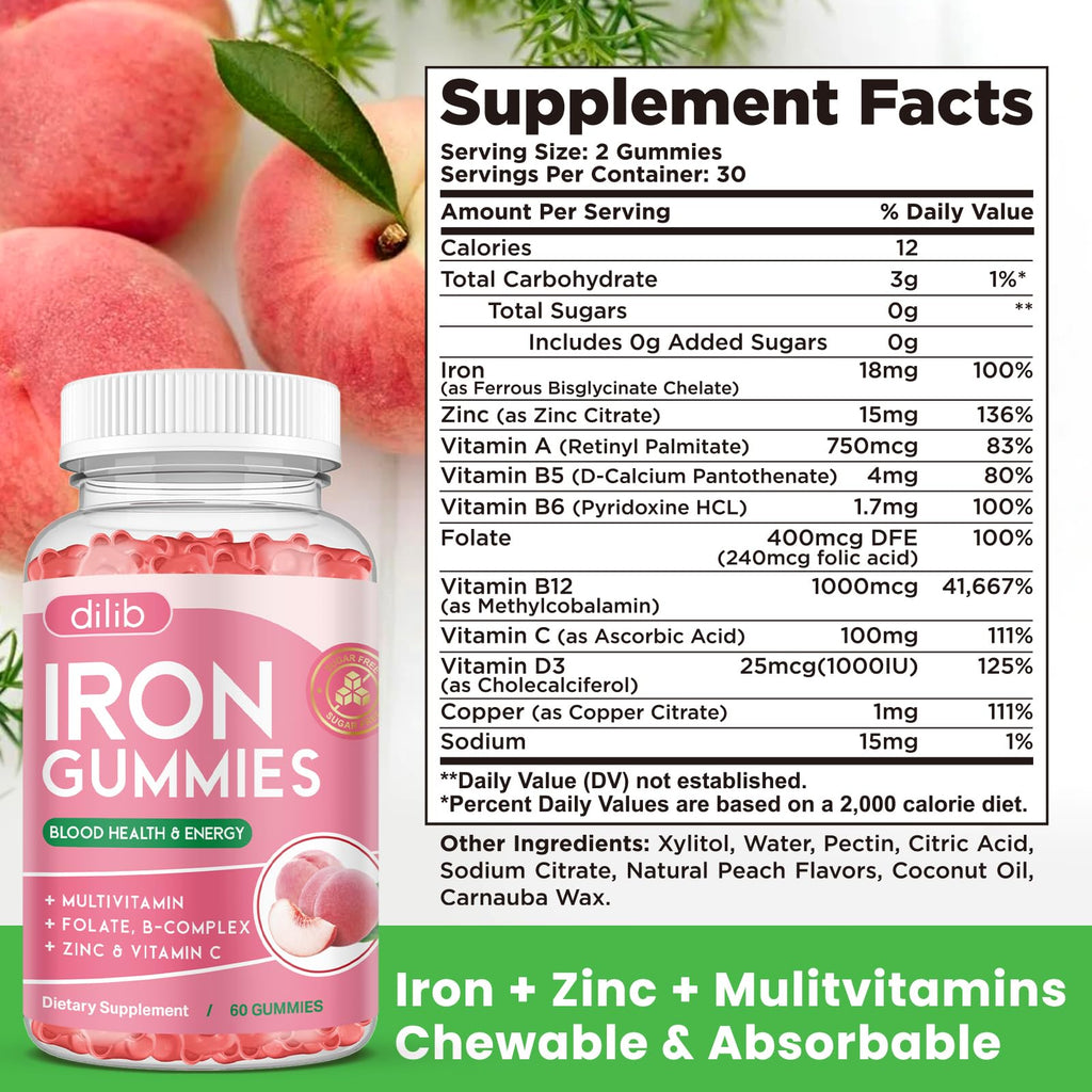 Iron Gummies with Multivitamin, Iron Supplement for Women & Men, Kids Multivitamin with Iron, Zinc, Vitamin B Complex & C, B12, Folate - Blood Builder, Energy Support, Peach Flavor, Vegan 60 Gummies