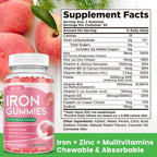 Iron Gummies with Multivitamin, Iron Supplement for Women & Men, Kids Multivitamin with Iron, Zinc, Vitamin B Complex & C, B12, Folate - Blood Builder, Energy Support, Peach Flavor, Vegan 60 Gummies