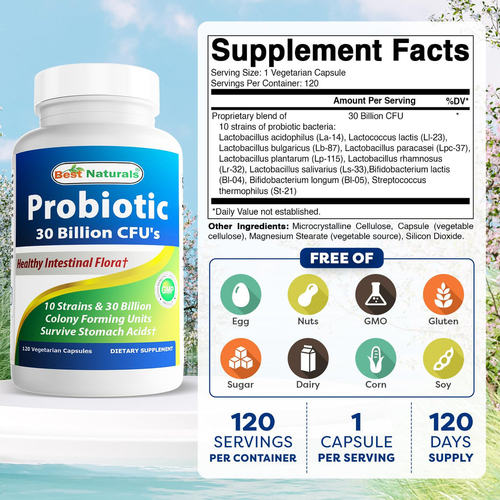 Best Naturals Probiotic 10 Strains 30 Billion Shelf Stable 120 Veggie Caps (120 Count (Pack of 2))