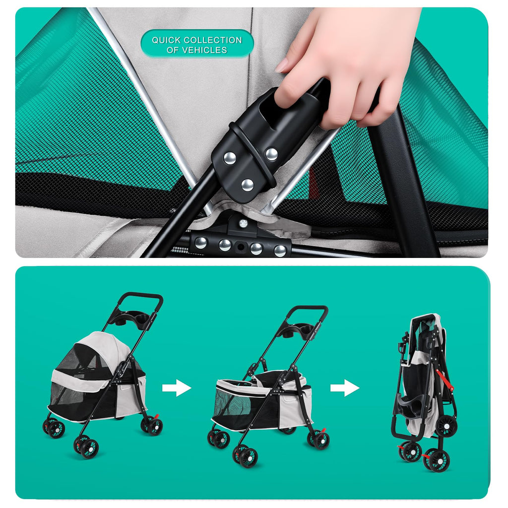 sxvbdway 4 Wheels Pet Stroller for Medium Small Dog up to 50lbs, Dog Cat Stroller, Outdoor Travel Pet Folding Strollers, Cat Cage Strollers with Cup Holder, Breathable and Visible Mesh (1 Set-Grey)