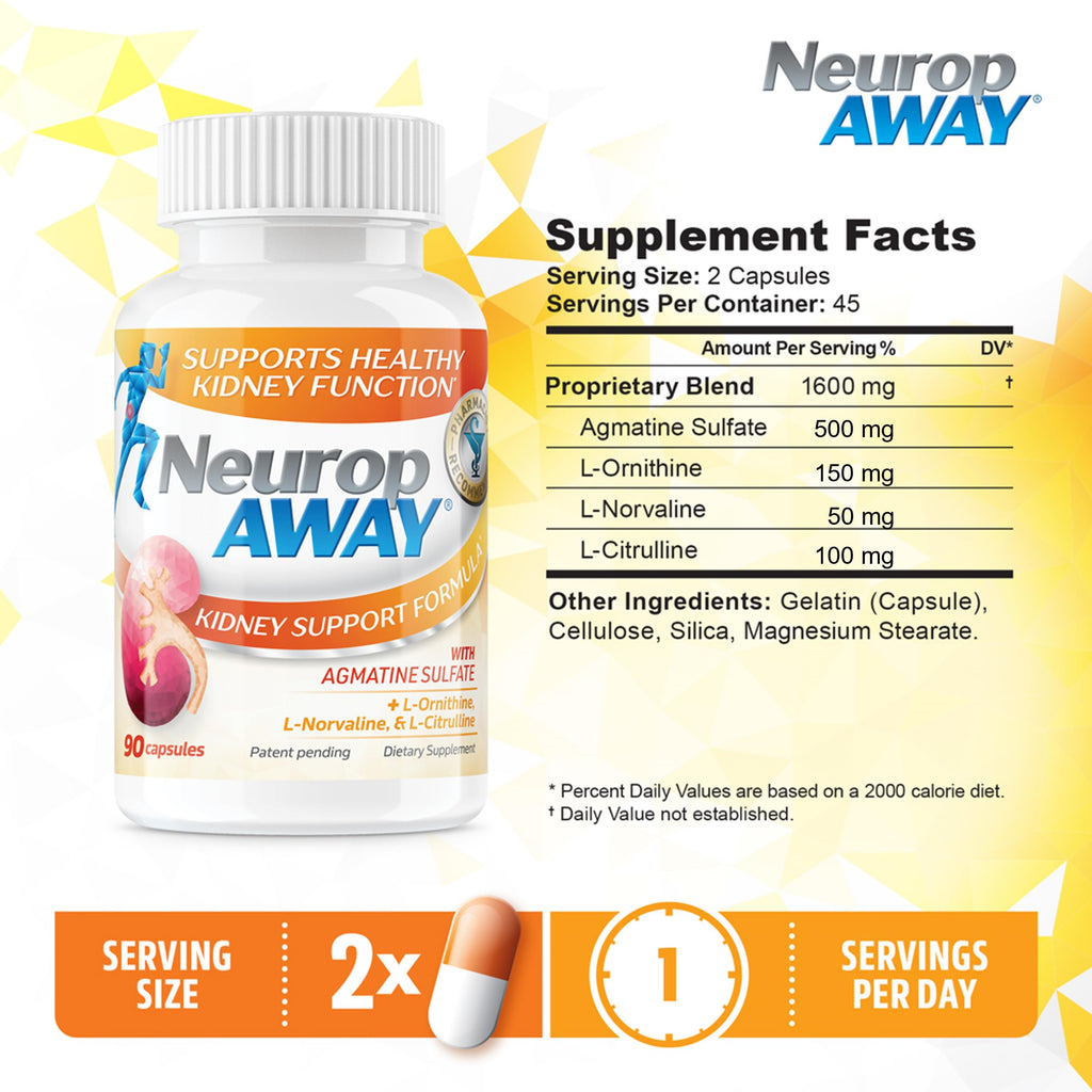 NeuropAWAY Kidney Support Formula Sugar Free with Agmatine Sulfate 500mg L-Novaline 50mg L-Ornithine 150mg L-Citrulline 100mg Per Capsule 90CT Fast Acting Kidney Support