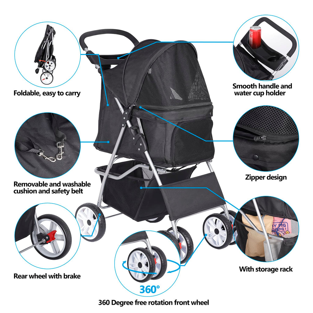 BBBuy 4 Wheels Foldable Pet Dog Cat Jogger Stroller Travel Carrier Strolling Cart w/Waterproof Cover Storage Basket Cup Holder & Removable Liner for Medium Small Cat Dog, Black