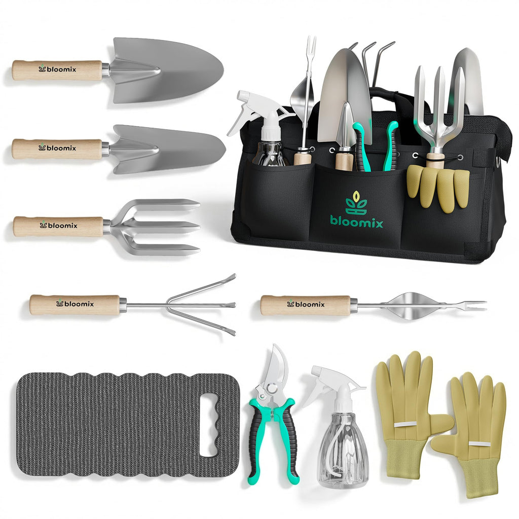 Bloomix 12Pcs Gardening Tools Set - Heavy Duty Garden Tools Set with Tool Bag, Kneeling Pad, Apron & More Garden Accessories - Stainless Steel Plant Care Kit Supplies, Gardening Gifts for Women Men