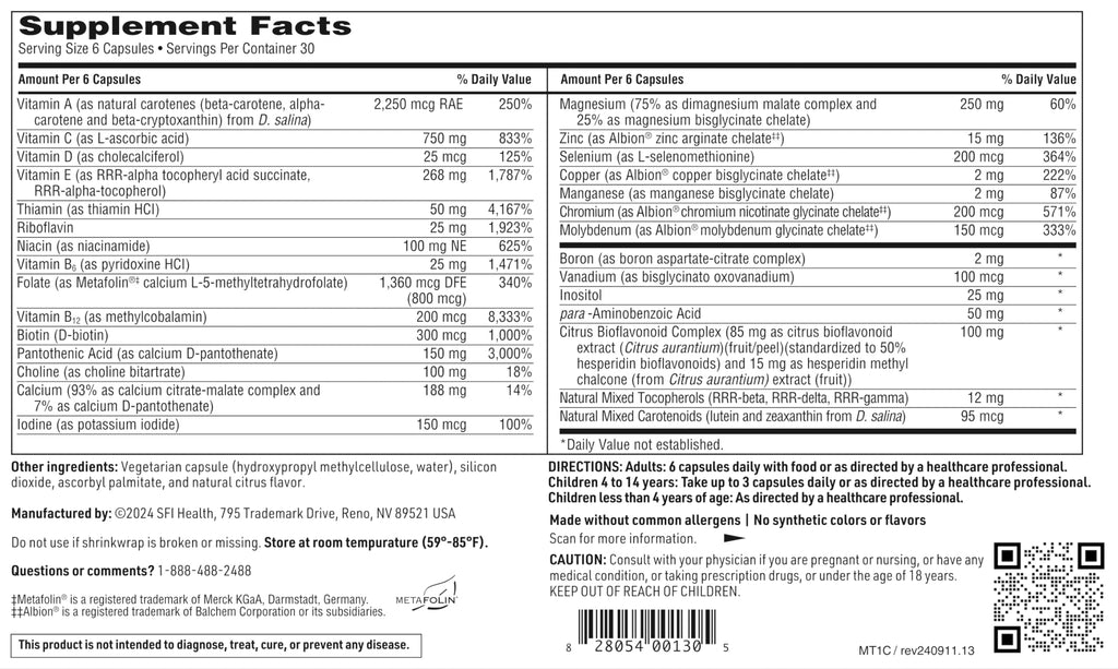 Klaire Labs SFI Health MultiThera 1 Iron-Free Multivitamin & Multimineral Capsule Formula with Essential Micronutrients - High Potency with Bioactive Folate & B12 - No Iron (180 Capsules)