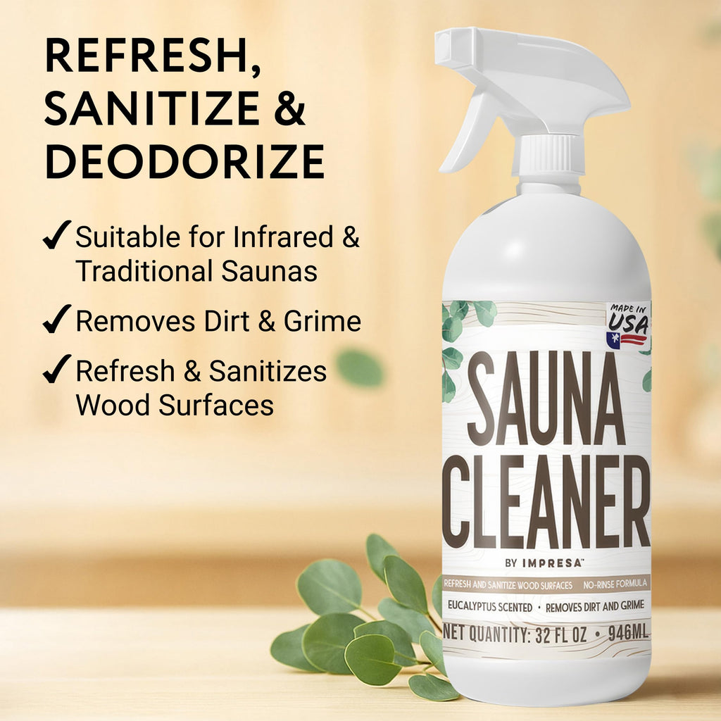 IMPRESA 32oz Sauna Cleaning Spray – All Purpose Eucalyptus Wood Cleaner Spray for Home Sauna, Spa, Steam Room & Gym – Natural Multipurpose Surface Cleaner Bottle – Gentle Ingredients Tough on Grime