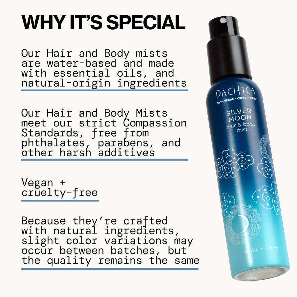 Pacifica Silver Moon Hair Mist Perfume & Full Body Spray for Women - Body Mist Fragrance w/BTonka, Santal, Cardamom, Vanilla Bean, Musk & Amber ��� Clean Beauty Alcohol-Free, Vegan & Cruelty-Free, 5 oz