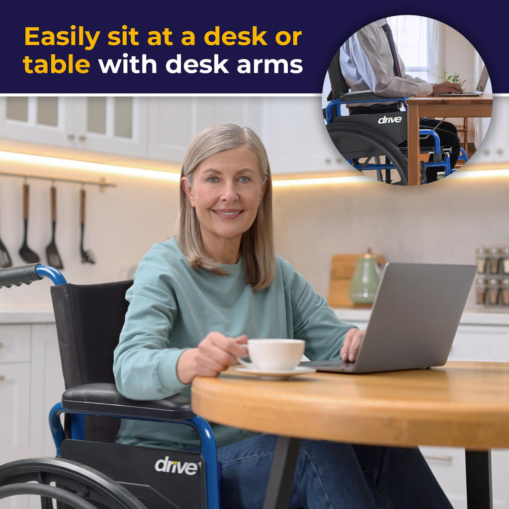 Drive Medical Blue Streak Lightweight Wheelchair - Portable Folding Mobility Aid - Swing-Away Footrests - Desk Arms - Durable Steel Frame - Easy Transport & Storage - 16-Inch Seat