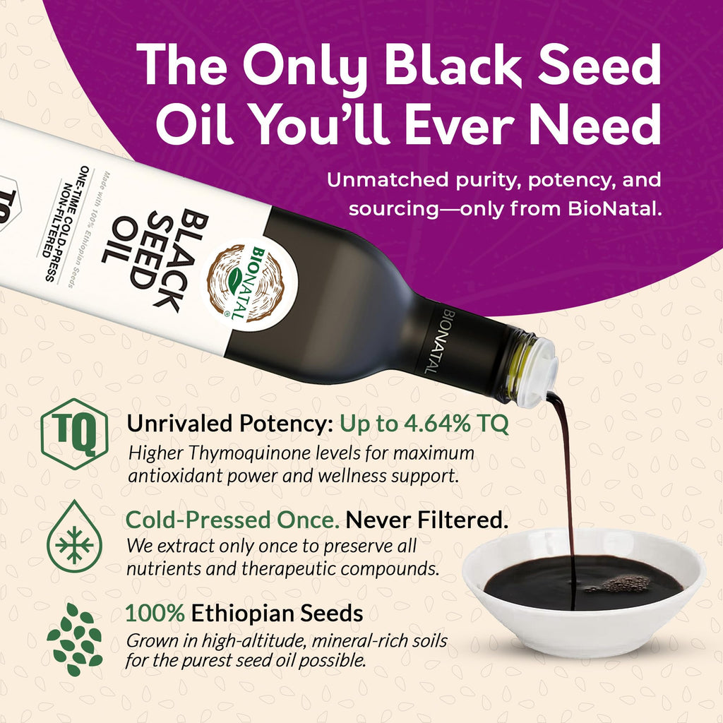 BioNatal Ethiopian Black Seed Oil – Cold Pressed Nigella Sativa Producing Black Cumin Seed Oil, Unrefined & Non-Filtered, High TQ Up to 4.64% – Supports Immune System, Digestion & Joints 16oz Glass