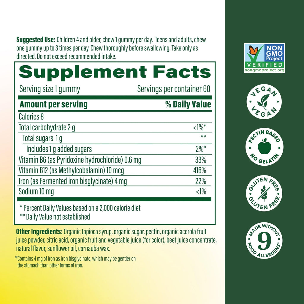 Megafood Iron Energy Gummies, Iron Supplement for Women, Men, Teens & Kids with Vitamin B12 & B6, Vitamins, from The Makers of Blood Builder Supplement, Strawberry Flavor, 60 Count