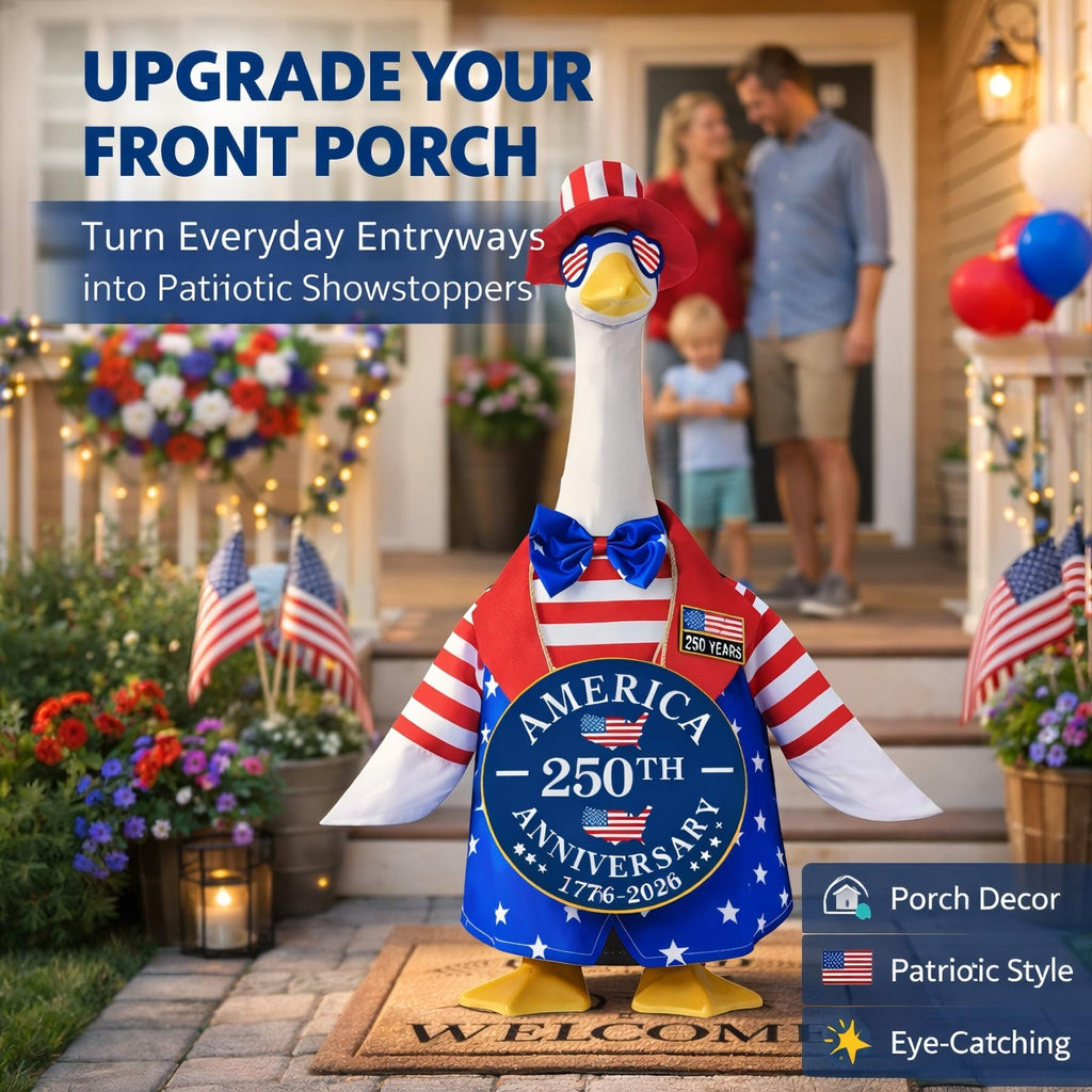 Porch Goose Outfit for 4th of July, America 250 Patriotic Goose Clothes for 23 Inch Lawn, Independence Day Porch Decor with Hat & Glasses, America 250th Anniversary Goose Outfit, 1776–2026 Sign & Pin