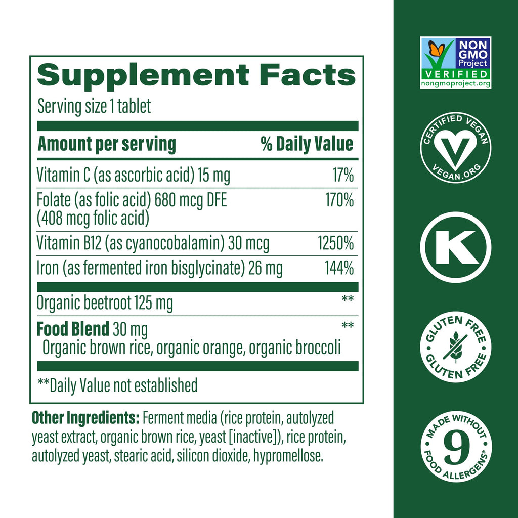 MegaFood Blood Builder Iron Supplement for Women & Men - Increase Iron Levels Without Side Effects - Combats Fatigue - with Vitamin B12, Folic Acid & Vitamin C for Absorption - Vegan - 180 Tablets