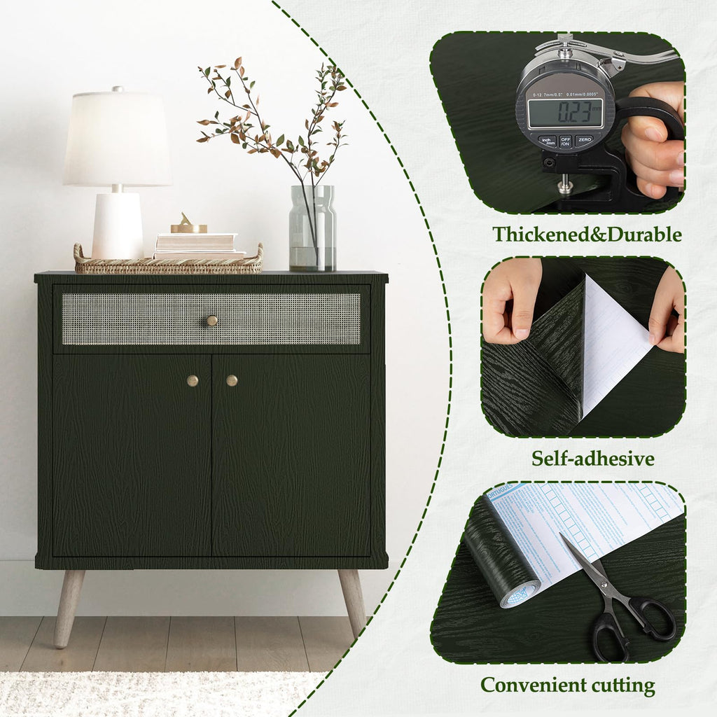 Wood Contact Paper Dark Green Peel and Stick Wallpaper,Thicken No Tear Vinyl Wrap Sticker, Self Adhesive Waterproof Faux Wood Grain Wallpaper Cover Cabinets Desk Furniture Decoration11.8 in X 197 in
