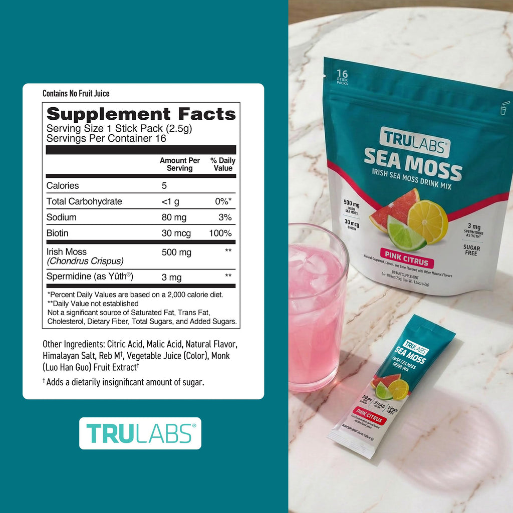 TRULABS Irish Sea Moss Powder Drink Mix – Pink Citrus Flavor, 500 mg Wildcrafted Sea Moss with 30 mcg Biotin and 3 mg Spermidine, Sugar-Free (16 Stick Packs)