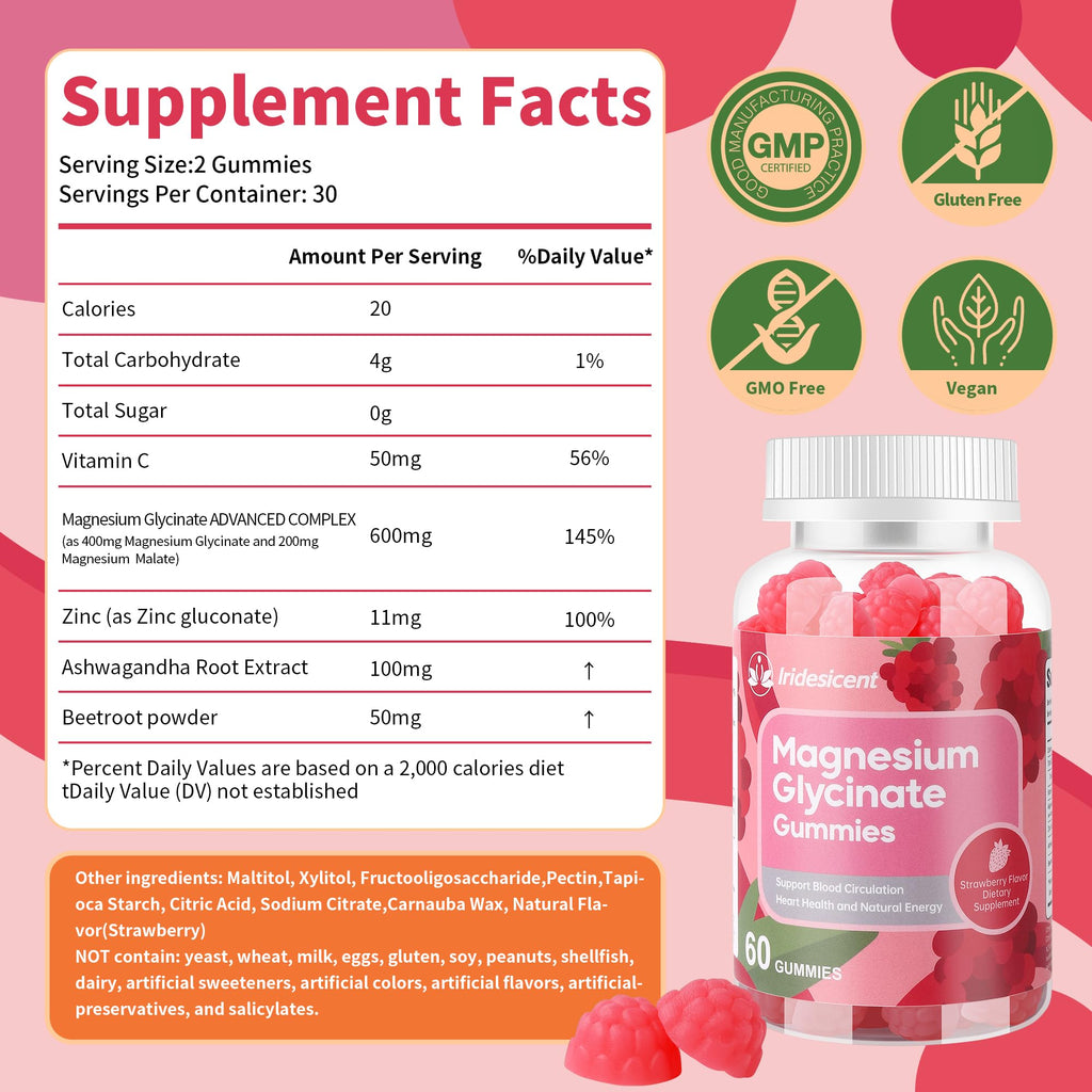 IRIDESICENT Magnesium Glycinate Gummies 400mg, Sugar Free Magnesium Supplement w/Ashwagandha, Zinc, Vegan Magnesium Glycinate Supplement for Adults - 120 Strawberry Gummies