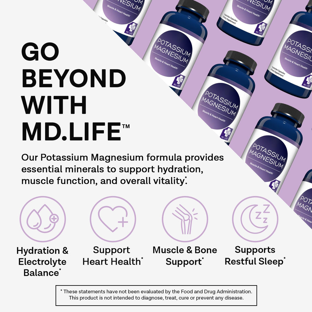 MD. Life Potassium Magnesium Supplement - 90 Capsules - Magnesium Potassium Supplement - High Absorption Complex - Support Vascular Health & Leg Cramp