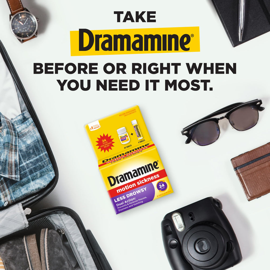 Dramamine Motion Sickness Less Drowsy, for Nausea Relief During Travel, 48 Count