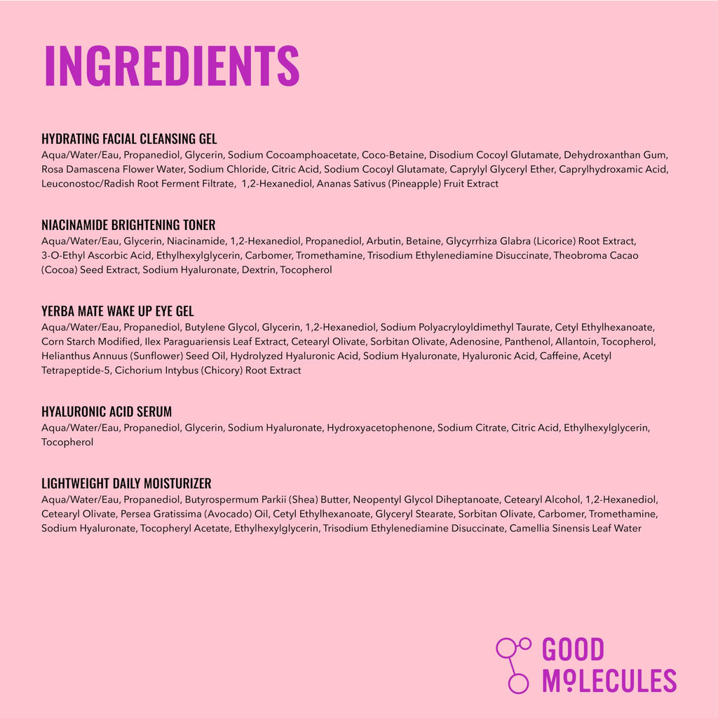 Good Molecules Daily Skincare Routine Set with Hydrating Cleanser, Niacinamide Toner, Hyaluronic Acid Serum, Moisturizer, Eye Gel, 5 Pieces
