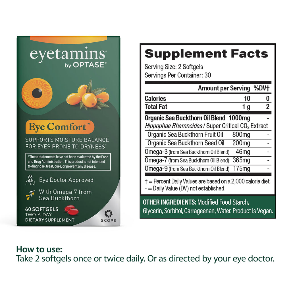 eyetamins® by OPTASE® Eye Comfort™ - 60 Softgels - Eye Doctor Recommended - an Omega-Based Eye Supplement formulated to Support Moisture Balance and Eye Comfort from Within. Plant Based Soft gels.