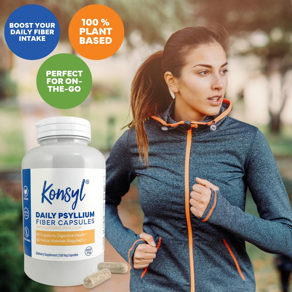 Konsyl Daily Psyllium Fiber Capsules - Contains 1500mg of All-Natural Psyllium Husk Powder per Serving - Supports Digestive Health and Weight Management Goals+ (500 Count (Pack of 1), Unflavored)