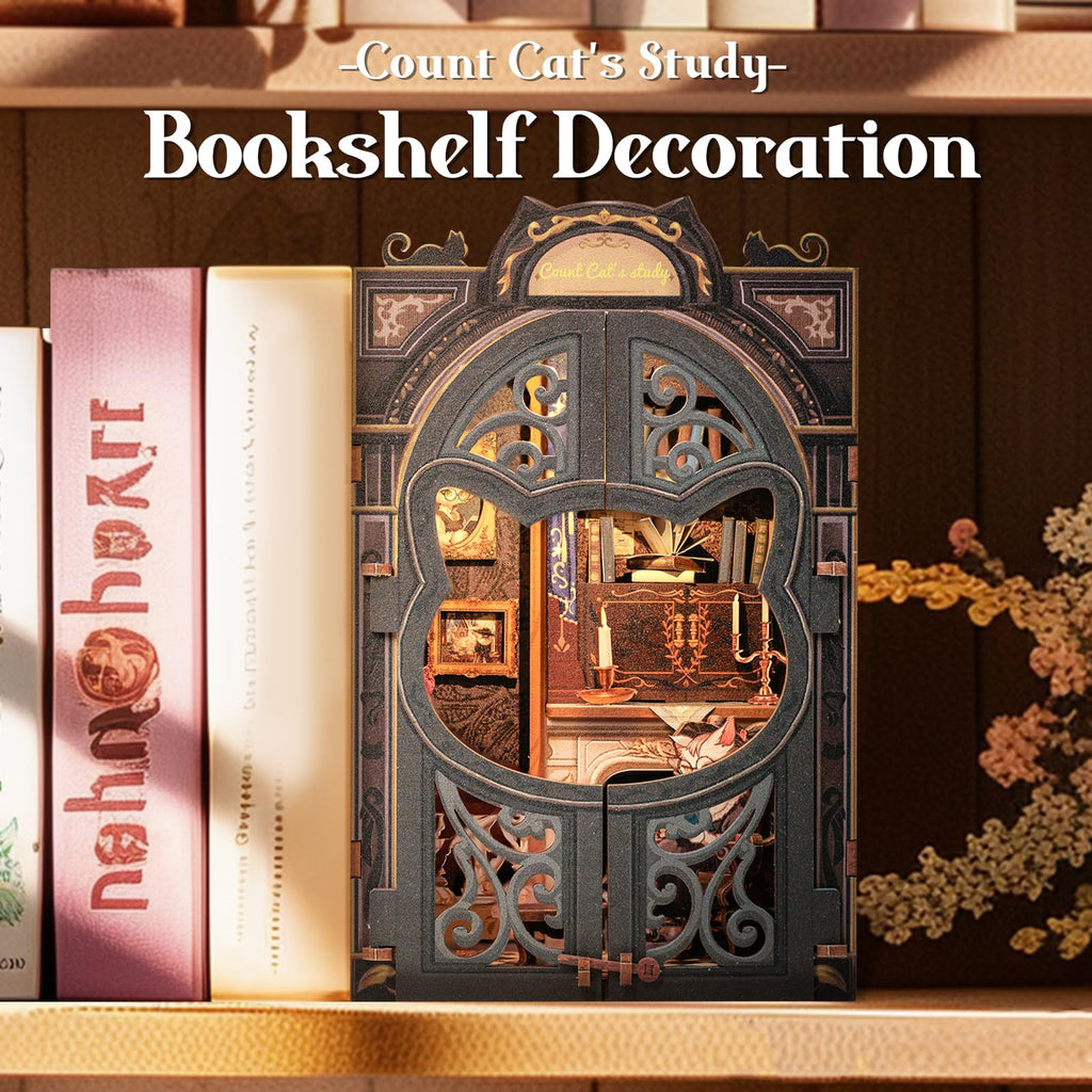 Cutefun Book Nook Kit - DIY Miniature House Kit for Bookshelf Decor, Book Nook Kits for Adults & Beginners, 3D Wooden Puzzle Dollhouse, Ideal Gift for Family and Friends (Count Cat's Study)