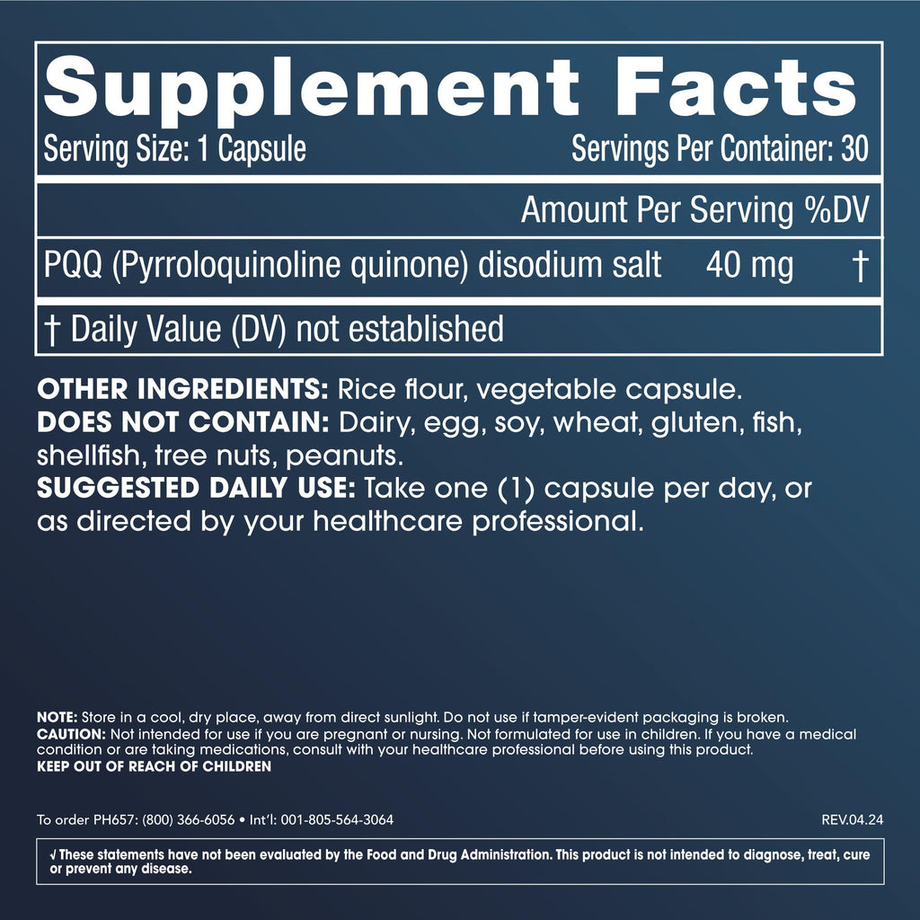Pure PQQ, Pyrroloquinoline Quinone, 40 mg, Extra Strength | New Mitochondria Boost | Healthy Aging | Protects Against Free Radicals | Third-Party Tested | 30 Capsules