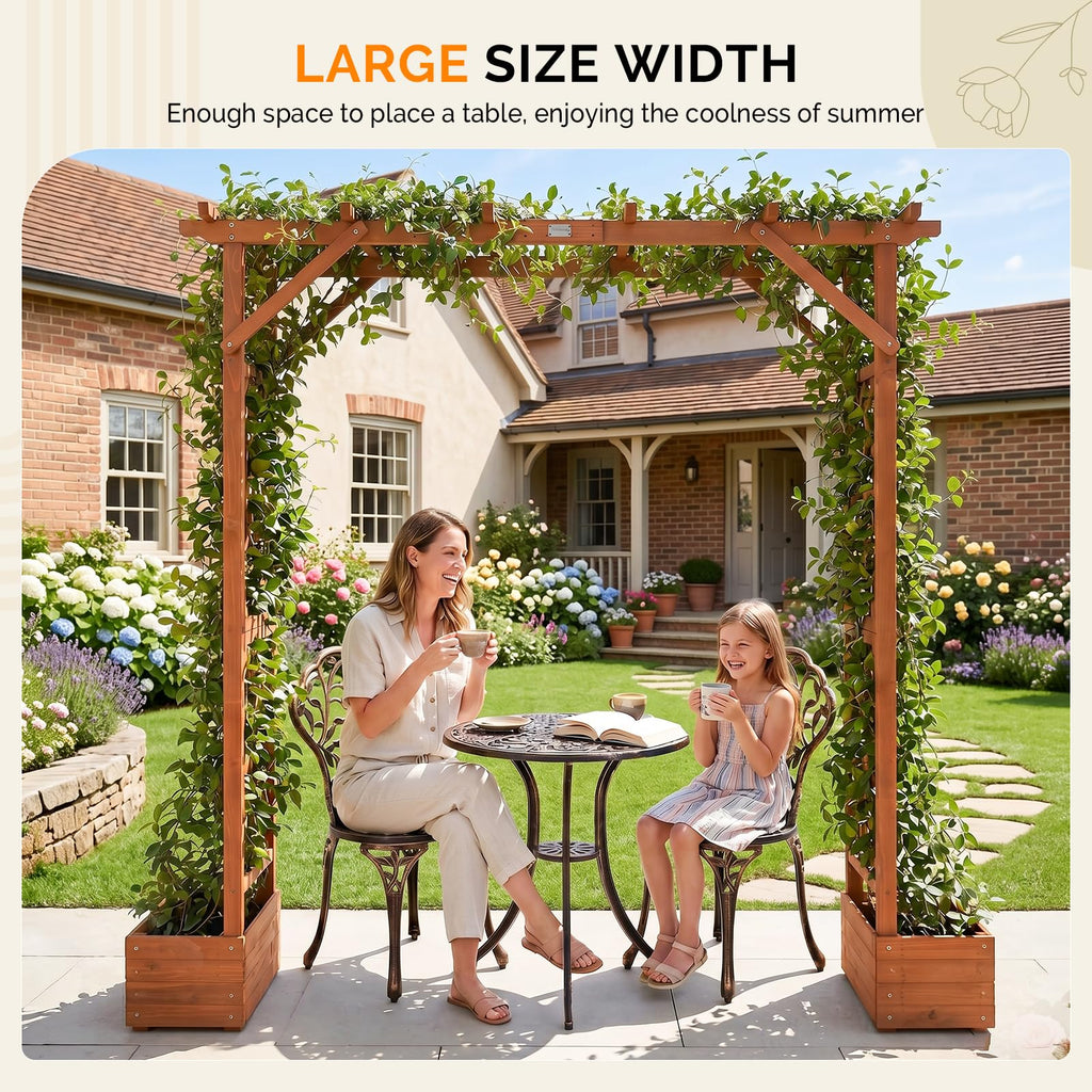 VINGLI Wooden Garden Arbor with Planter, Wedding Arch for Ceremony, Wood Garden Arbour Trellis for Plant Climbing, Pergola for Garden Backyard, Lawn, Outdoor (Golden Brown)