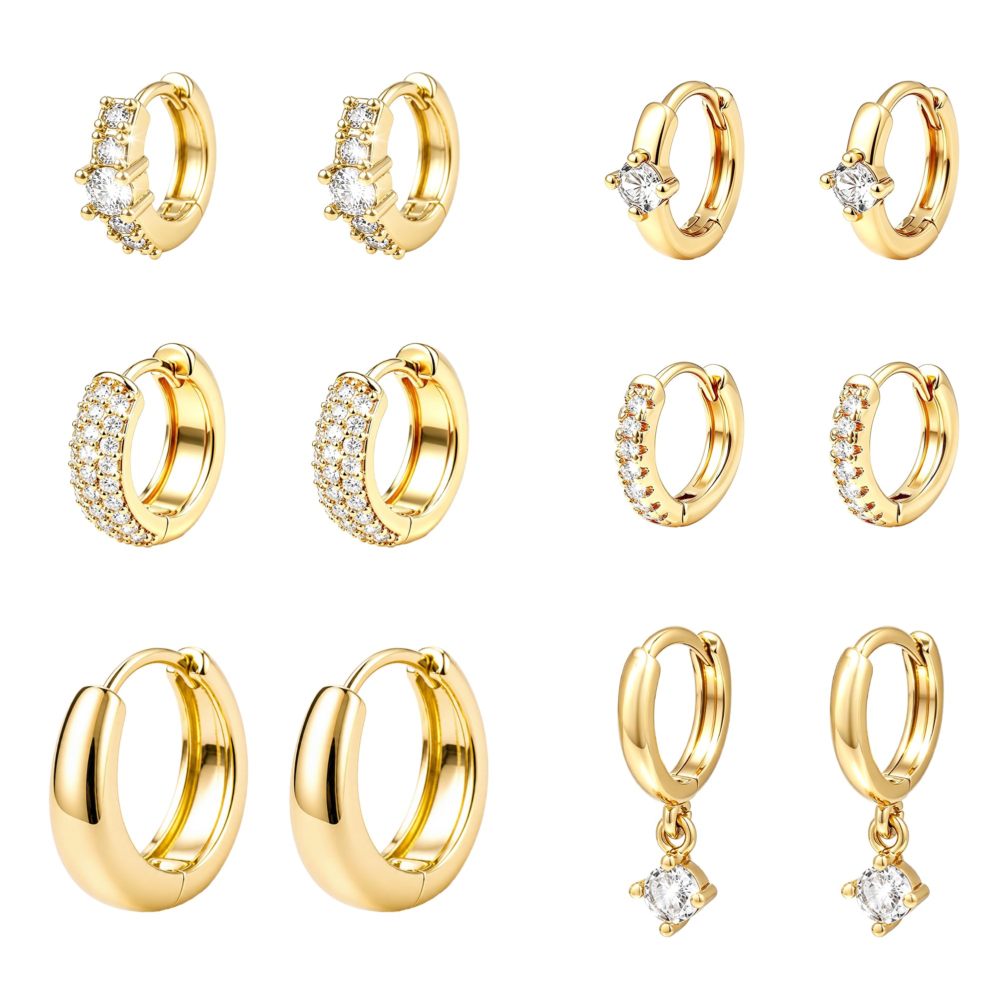 Wgoud 12 Pairs Small 14K Gold Plated Chunky Hoop Earrings for Women Hypoallergenic Lightweight Gold/Silver Hoop Earring Set for Sensitive Ears Trendy Cartilage Huggie Hoops Stacks for Multiple Piercing Jewelry (Gold-6 pairs- round)