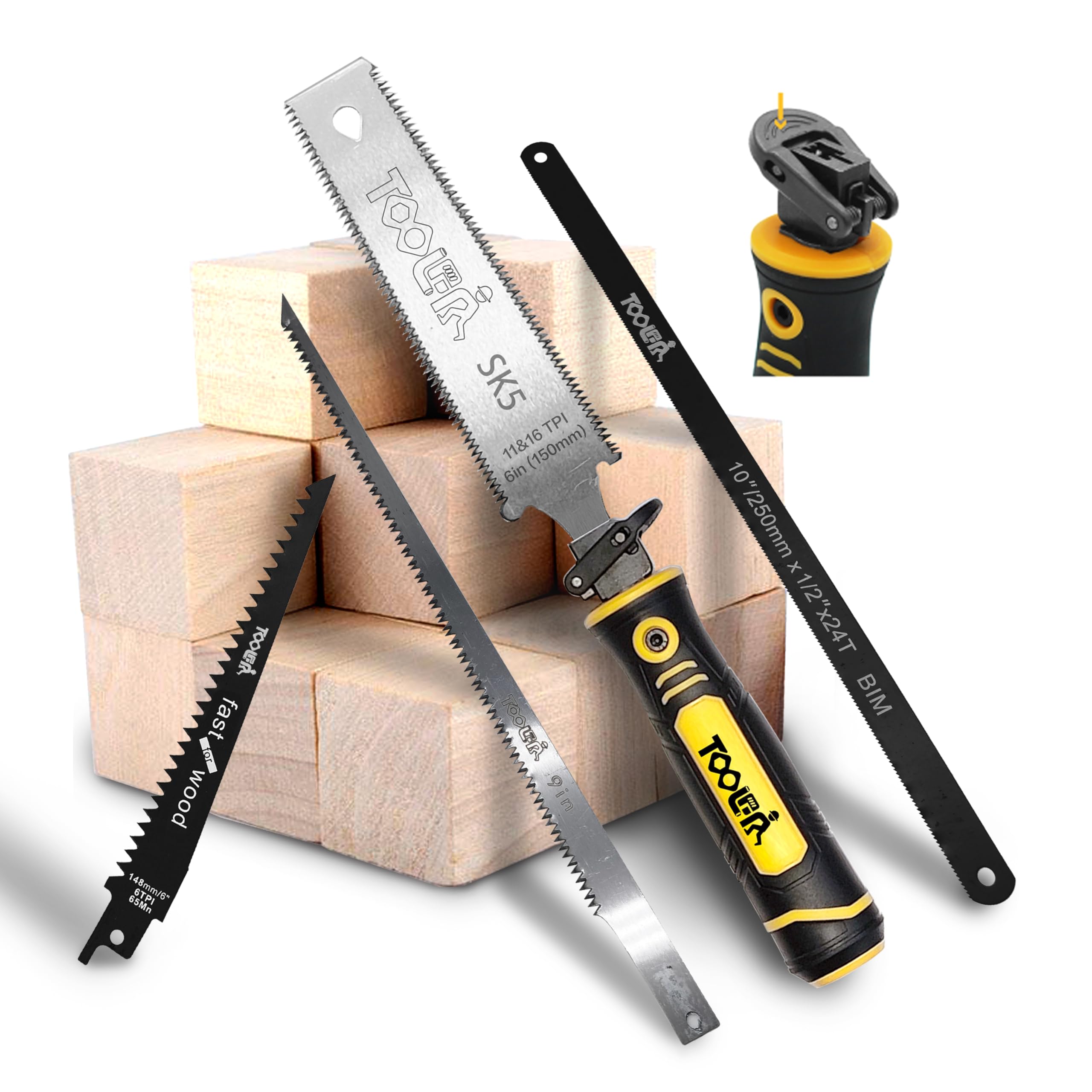 5-In-1 Multi Blades Hand Saw, 6 Inch(11T/16T) Double Edges Japanese Pull, DrywallSaw, HackSaw, Jab Saw, for Woodworking, Hard/Soft woods cutting, Metal, Blade Quick Change Mechanism.