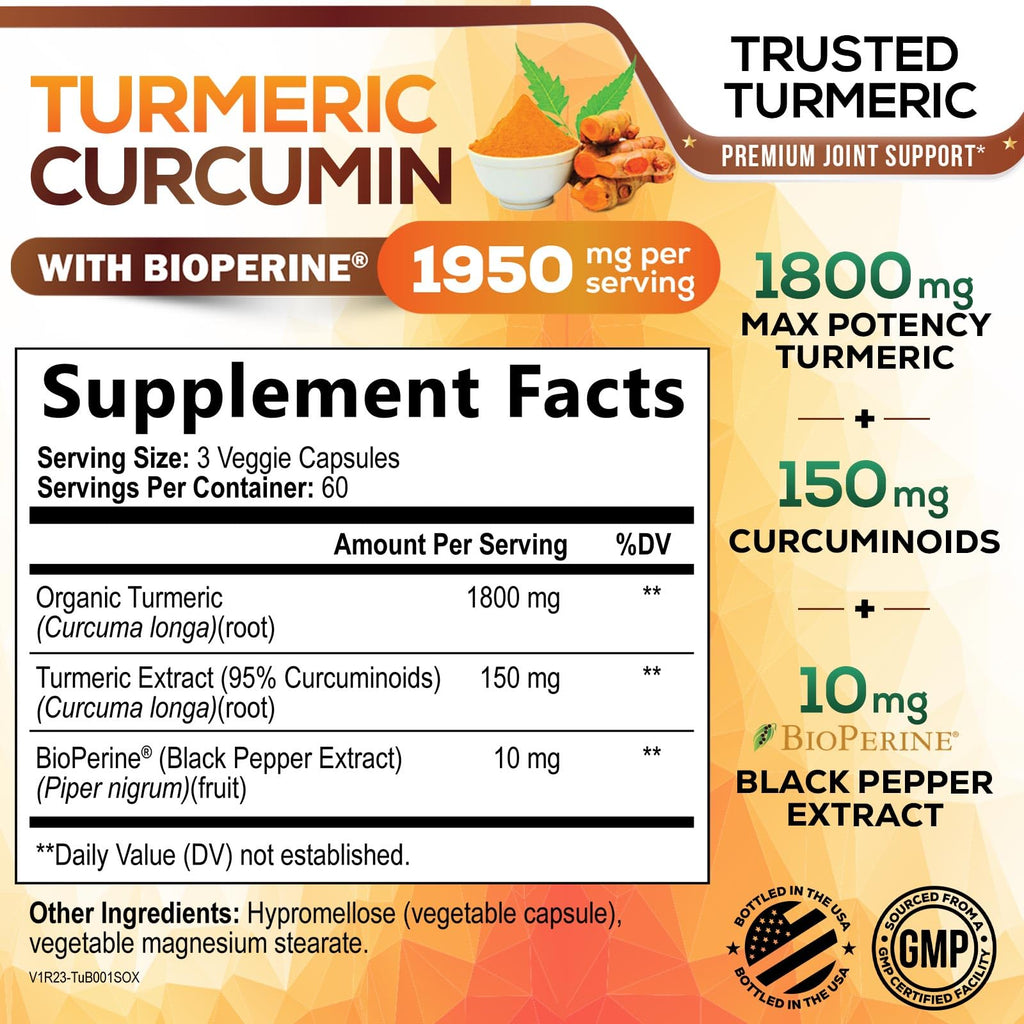 Turmeric Curcumin Supplement 95% Curcuminoids 1950mg with Organic Turmeric & BioPerine Black Pepper Extract for Best Absorption, Natural Vegan Joint Support, Non-GMO, Bottled in USA - 180 Capsules