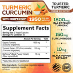 Turmeric Curcumin Supplement 95% Curcuminoids 1950mg with Organic Turmeric & BioPerine Black Pepper Extract for Best Absorption, Natural Vegan Joint Support, Non-GMO, Bottled in USA - 180 Capsules