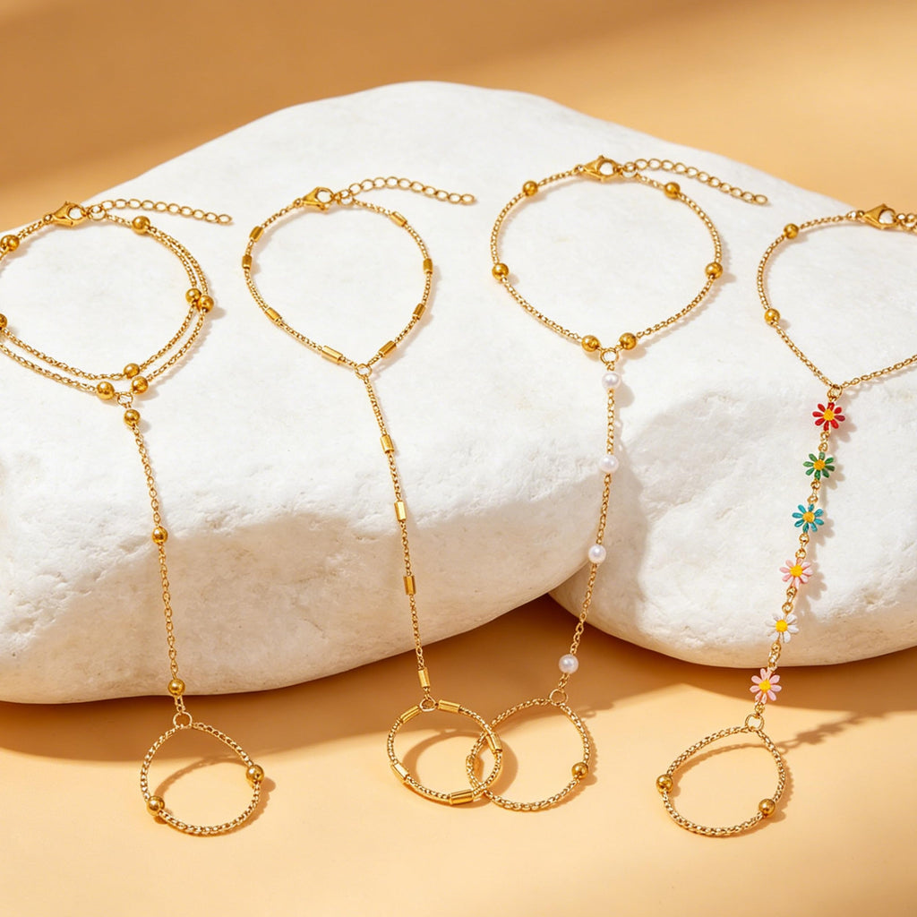 BOMAIL 7Pcs 14K Gold Plated Gold Hand Chain Bracelets for Women