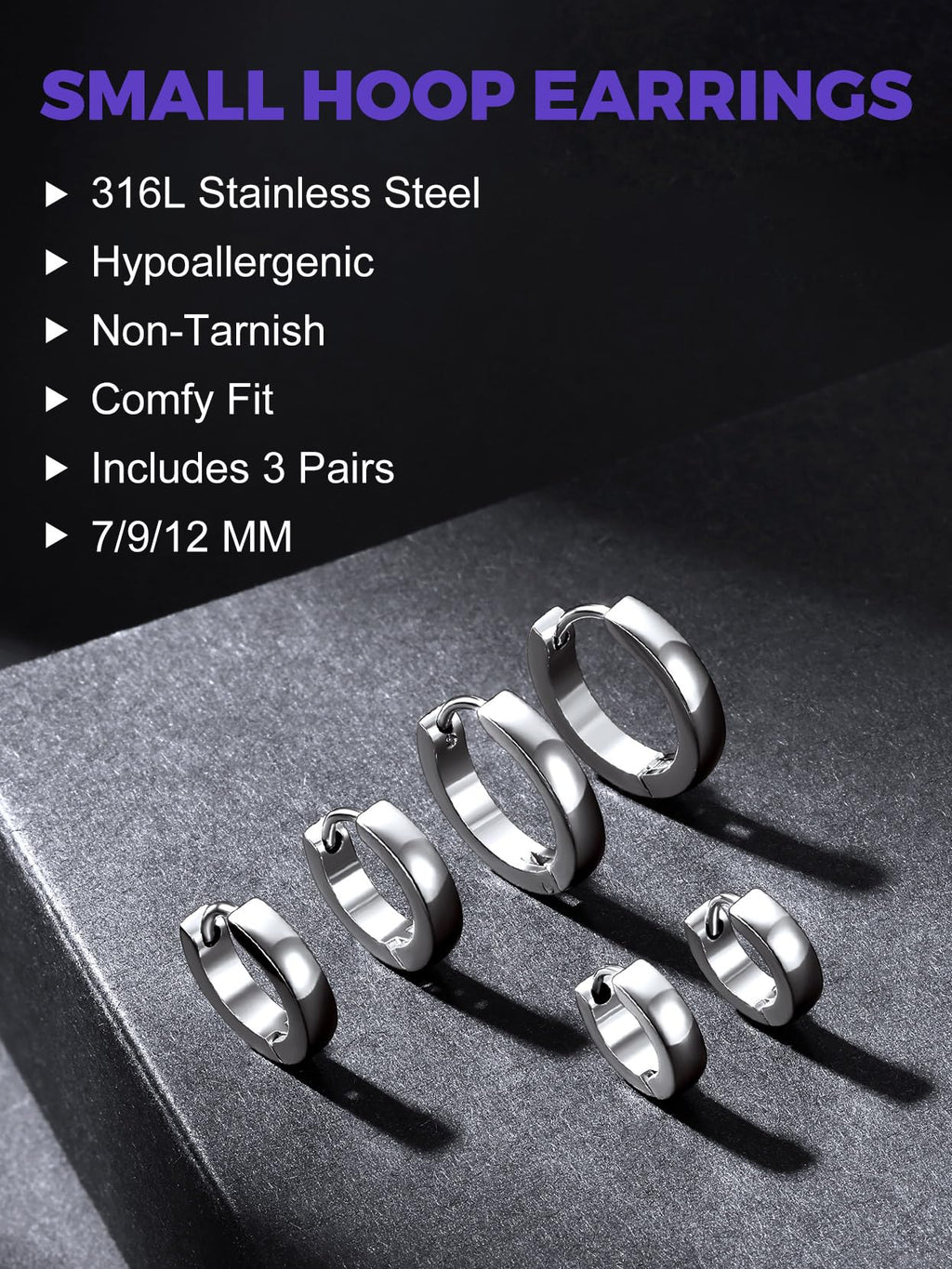 Richsteel 3 Pairs Mens Hoop Earrings Sets, Hypoallergenic Stainless Steel