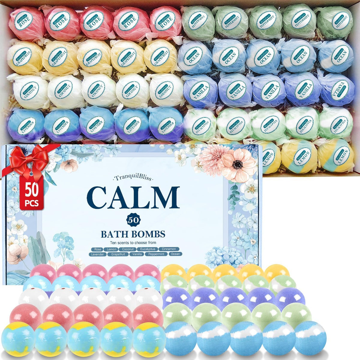 TranquilBliss Bath Bombs Set 50 PCS with 10 Scents, Natural Bathbombs, Blue