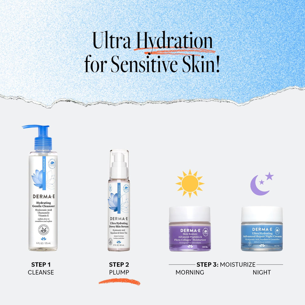 DERMA E Ultra Hydrating Dewy Skin Serum – Moisturizing Facial Treatment with Anti-Aging Squalane, Hyaluronic Acid and Ceramides to Smooth and Replenish, 2 FL Oz
