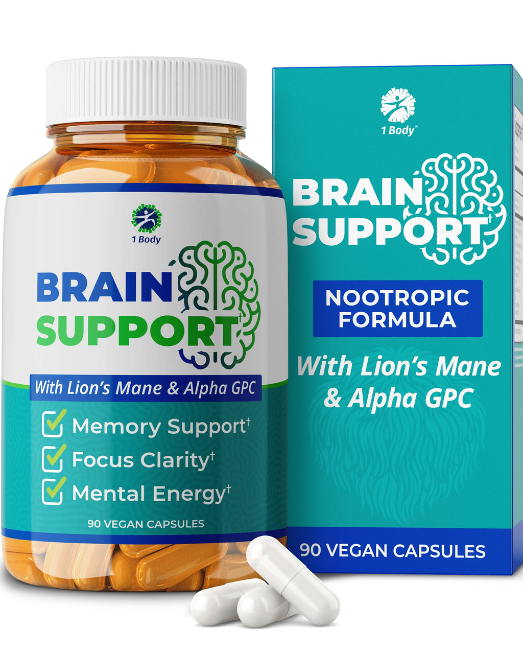 1 Body Brain Supplement – Nootropic Brain Booster with Alpha GPC, Ginkgo & Bacopa – 90 Vegan Capsules – Memory Supplement for Brain Support, Focus Pills, Brain Fog Supplements for Women and Seniors