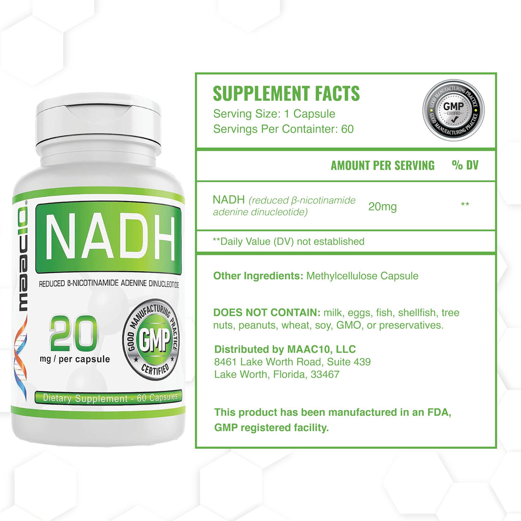 MAAC10 NADH Supplement 20mg Each 60 Capsules for Energy, Fatigue, Mental Focus & NAD+ Longevity Support | Pharmaceutical Grade 99% Pure NADH