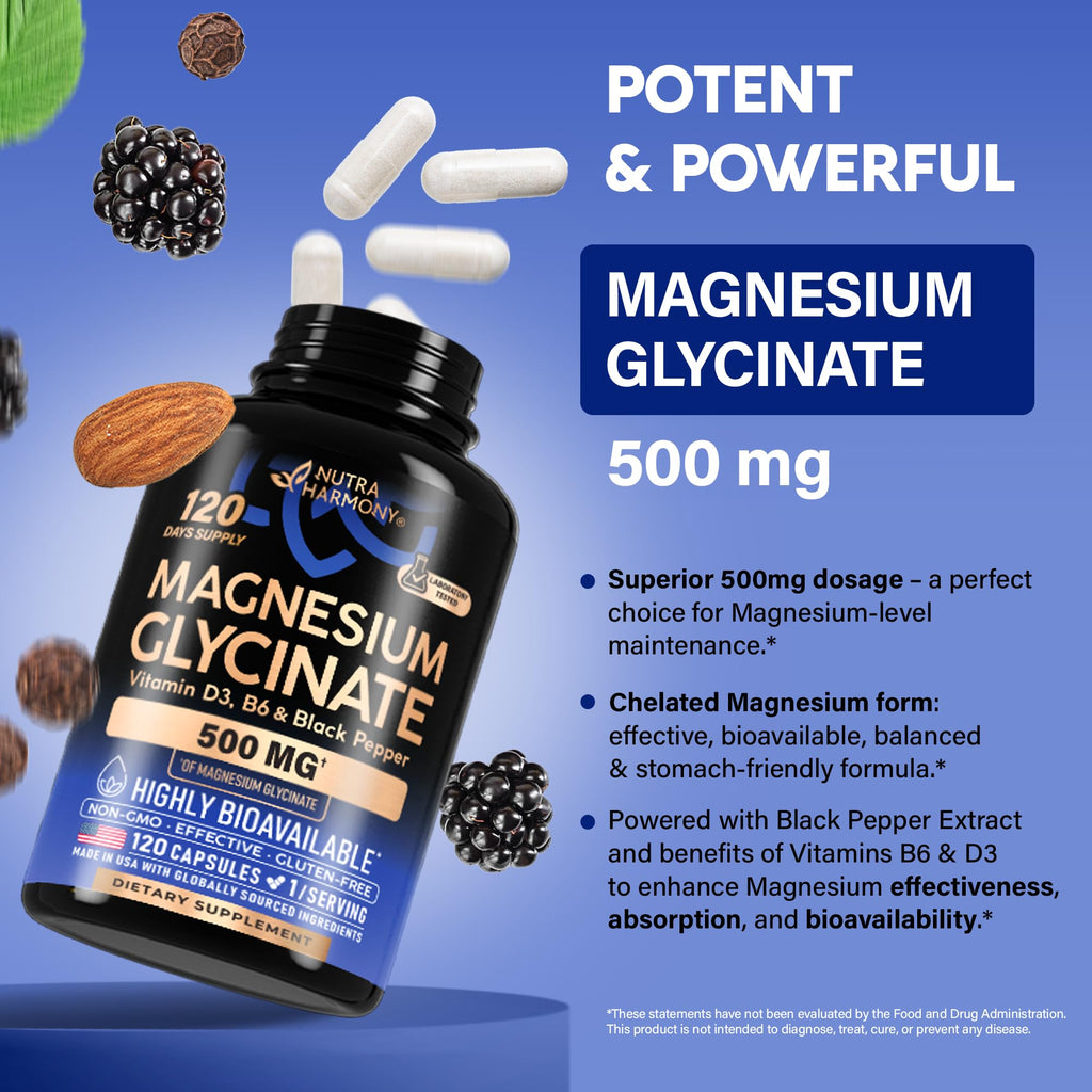 Magnesium Glycinate 500 mg - Chelated Supplement - High Absorption Form of Magnesium - Support for Sleep, Muscle & Heart Health - Made in USA, Lab Tested & Non-GMO - 120 Capsules