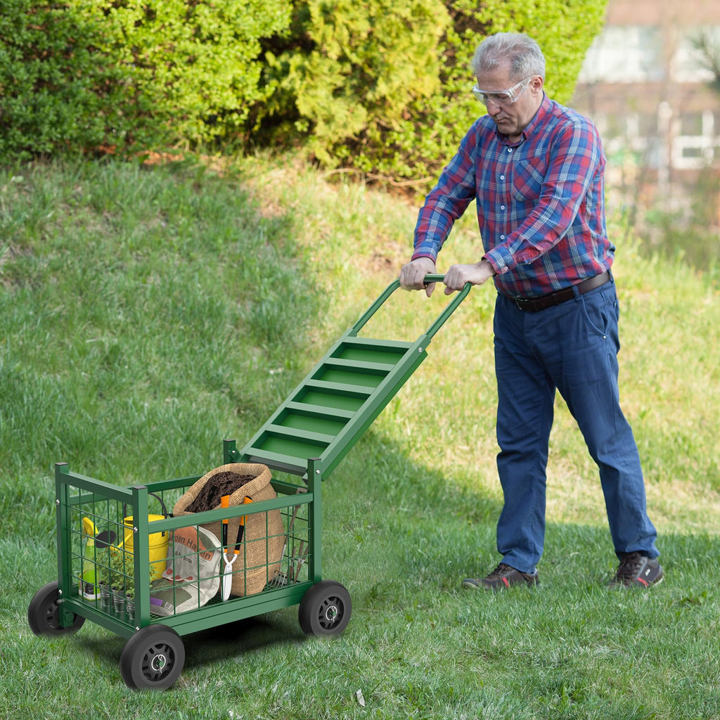Garden Cart with Seat,3-in-1 Rolling Seat with Wheels for Seniors Gardening