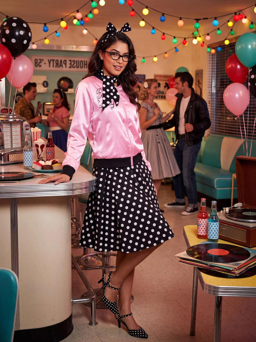SOMSOC 5 Pieces 1950s Women Pink Satin Jacket with Polka Dot Scarf Headband Earrings Eye Glasses Halloween Party Costume Set