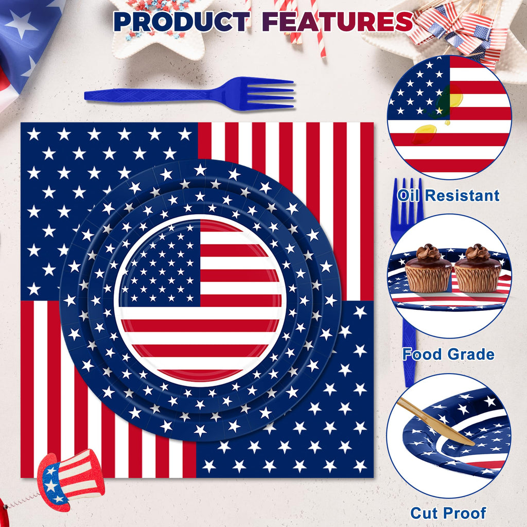 QZYL 122 PCS 4th of July Decorations, 30 Sets 250th Anniversary Patriotic Plates and Napkins, Disposable Fourth of July Paper Plate and Napkin Tablecloth Forks, USA Flags Memorial Day Party Supplies